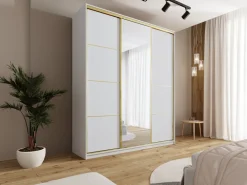 Szafy Trzydrzwiowe|Szafy Do Przedpokoju></noscript>BROMARKT Biała szafa przesuwna z lustrem 200 cm GOLD NEW MAX biały