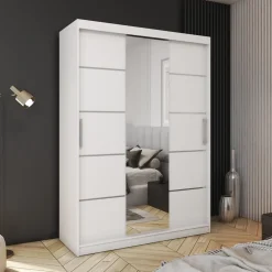 Szafy Trzydrzwiowe|Szafy Do Przedpokoju></noscript>Meblohand Biała szafa przesuwna z lustrem 150 cm półki drążki HOT biały