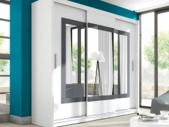 Szafy Trzydrzwiowe|Szafy Z Lustrem></noscript>Stolar Biała szafa przesuwna z lustrem i półkami 250 cm PROTON