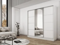 Zestawy Mebli Do Przedpokoju|Szafy Trzydrzwiowe></noscript>BROMARKT Biała szafa przesuwna z lustrem do sypialni 235 cm BEST półki szuflady