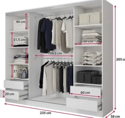 Zestawy Mebli Do Przedpokoju|Szafy Trzydrzwiowe></noscript>BROMARKT Biała szafa przesuwna z lustrem do sypialni 235 cm BEST półki szuflady