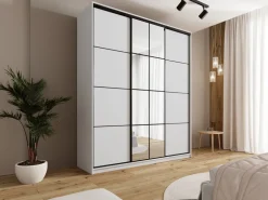 Zestawy Mebli Do Przedpokoju|Szafy Trzydrzwiowe></noscript>BROMARKT Biała szafa przesuwna z lustrem 200 cm do sypialni EDGE MAX biały