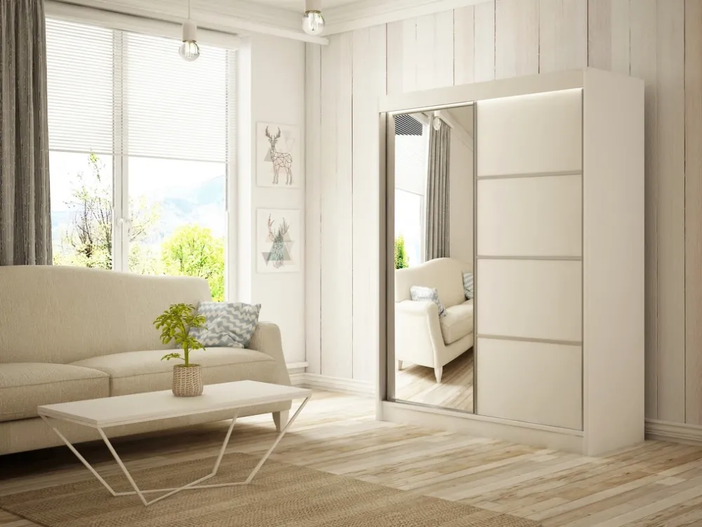 Zestawy Mebli Do Przedpokoju|Szafy Dwudrzwiowe>Arton Biała szafa przesuwna z lustrem i drążkiem 150 cm RABANA biały