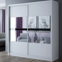 Szafy Dwudrzwiowe|Szafy Z Lustrem></noscript>Stolar Biała szafa przesuwna z półkami i lustrem 203 cm BREGO biały