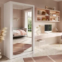 Zestawy Mebli Do Sypialni|Szafy Dwudrzwiowe></noscript>lenart. Biała szafa z lustrem 120 cm drzwi przesuwne półki ARTI biały