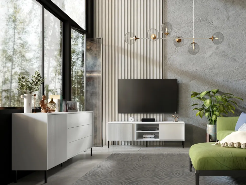 Szafki Rtv|Zestawy Mebli Do Salonu>JUREK Biała szafka RTV 150 cm nowoczesna do salonu MALEZJA biały