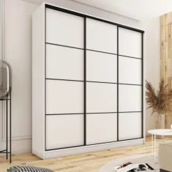 Szafy Trzydrzwiowe|Szafy Do Przedpokoju></noscript>BROMARKT Biała trzydrzwiowa szafa przesuwna 150 cm LOFT MAX z szufladami biały