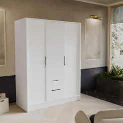 Szafy Trzydrzwiowe|Szafy Do Przedpokoju></noscript>Arton Biała trzydrzwiowa szafa uchylna 150 cm z półkami NUBIA