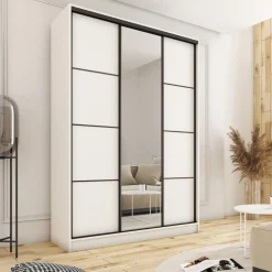 Zestawy Mebli Do Przedpokoju|Szafy Trzydrzwiowe></noscript>BROMARKT Biała wysoka szafa przesuwna z lustrem 150 cm LOFT MAX biały