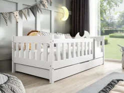 Meble Dla Dzieci|Łóżka Dziecięce>Meblomal Białe łóżko z barierką oraz pojemnikiem do pokoju dziecięcego z drewna sosnowego 80x190 cm NEBULA biały