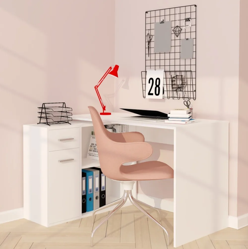 Biurka|Meble Dla Dzieci>INTER MEBLE Biurko białe narożne młodzieżowe z szufladą i półkami NEXIO biały