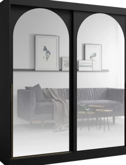Szafy Dwudrzwiowe|Szafy Młodzieżowe>JUREK Czarna duża szafa przesuwna z dwoma lustrami 180 cm drzwi przesuwne złote uchwyty czarny