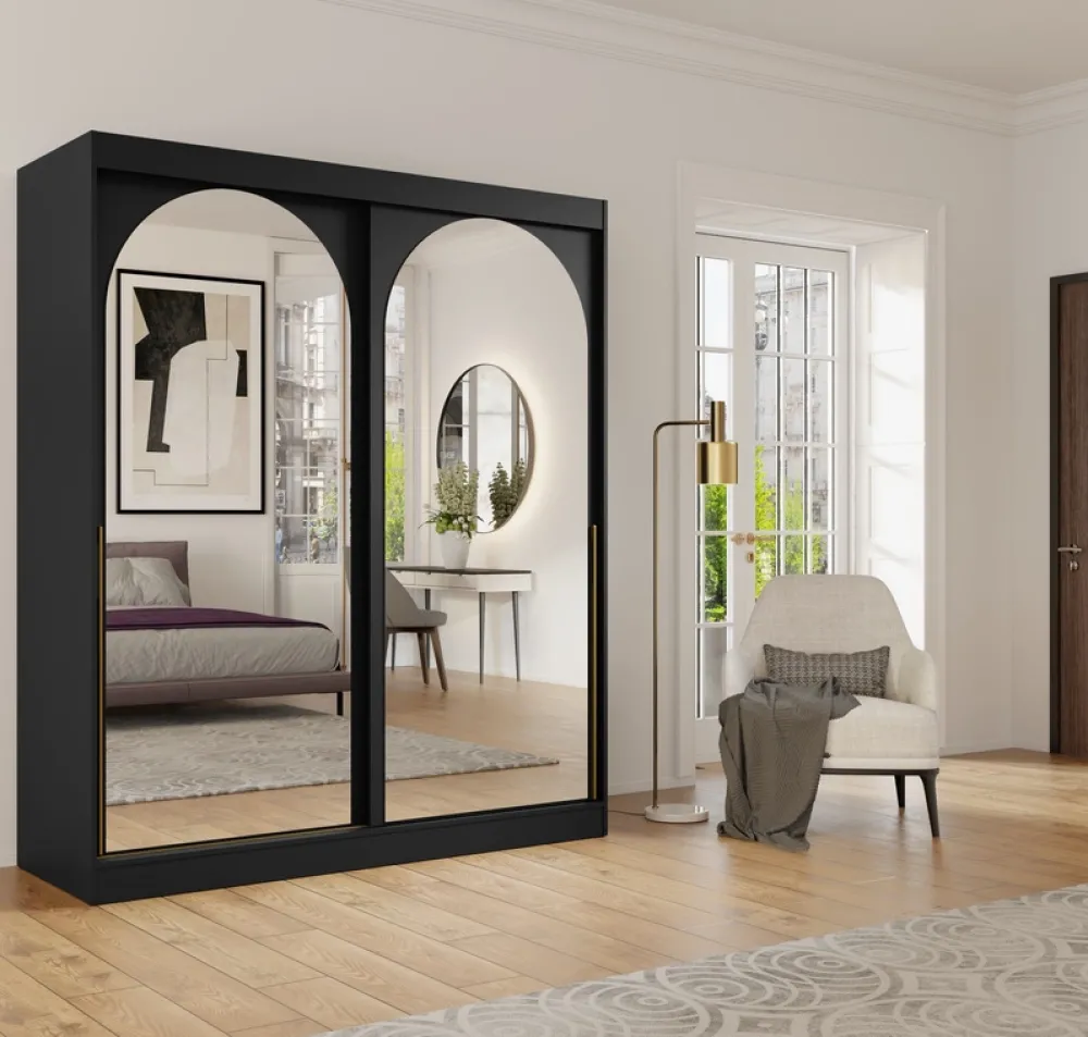 Szafy Dwudrzwiowe|Szafy Młodzieżowe>JUREK Czarna duża szafa przesuwna z dwoma lustrami 180 cm drzwi przesuwne złote uchwyty czarny
