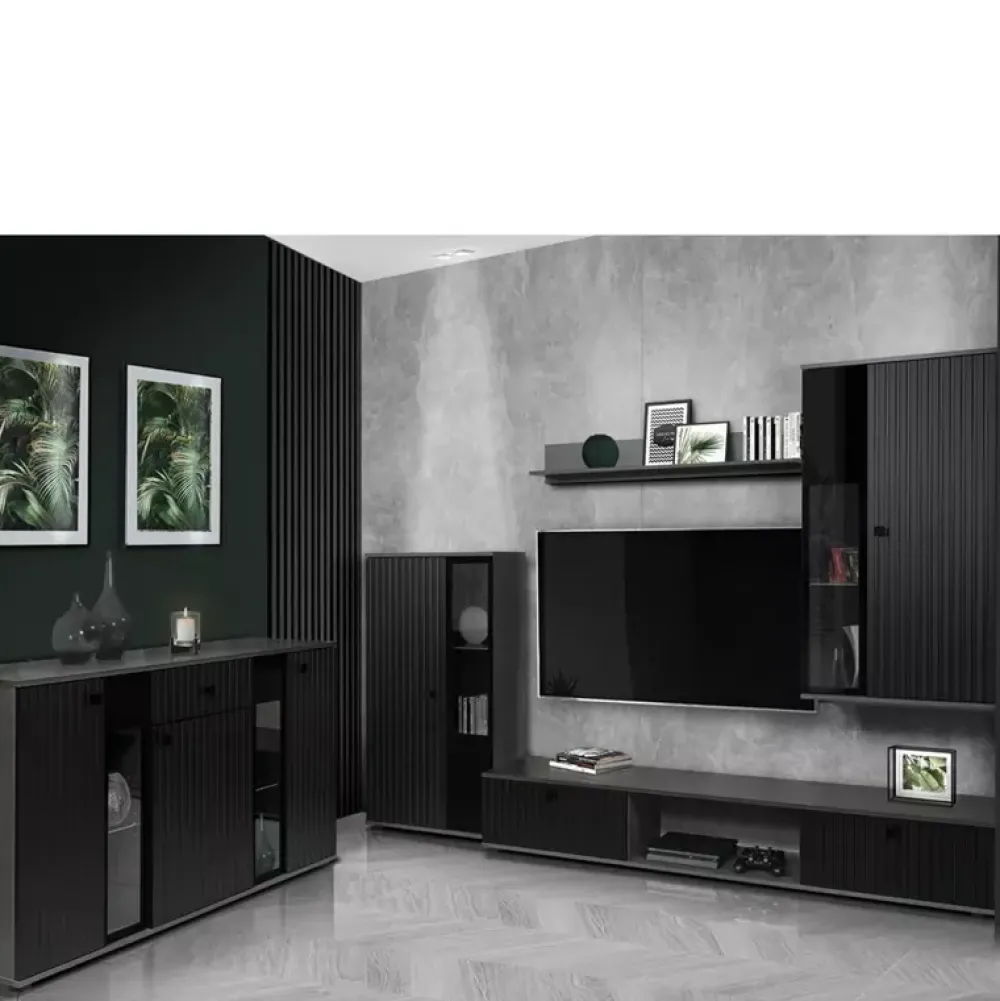 Komody>Lempert Czarna komoda trzydrzwiowa z witryną i szufladą KUBA czarny