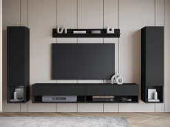 Meblościanki></noscript>BRATEX Czarna meblościanka do salonu nowoczesna pod telewizor MADERA czarny grafit