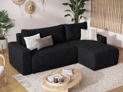 Meble Dla Dzieci|Meble Młodzieżowe></noscript>BROMARKT Czarna narożna kanapa sztruksowa z funkcją spania PLUSH L