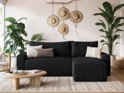 Meble Dla Dzieci|Meble Młodzieżowe></noscript>BROMARKT Czarna narożna kanapa sztruksowa z funkcją spania PLUSH L