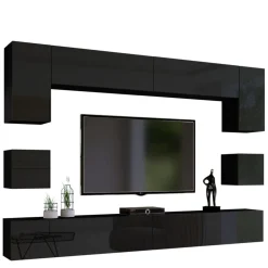 Zestawy Mebli Do Salonu|Meblościanki>BROMARKT Czarna nowoczesna meblościanka do salonu PREMIUM połysk czarny