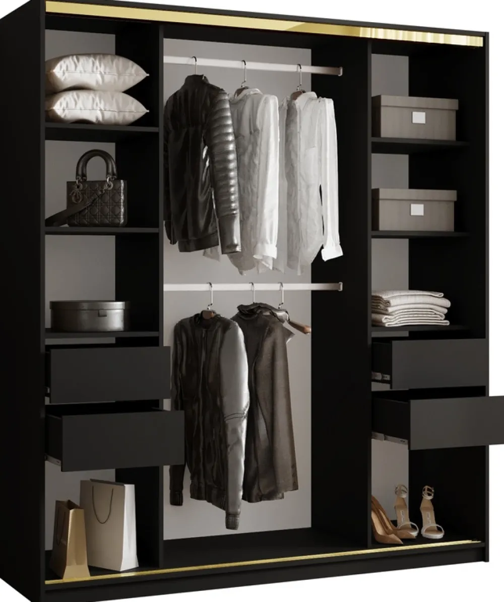 Szafy Przesuwne|Szafy Trzydrzwiowe>BROMARKT Czarna szafa do sypialni z szufladami 180 cm GOLD NEW czarny