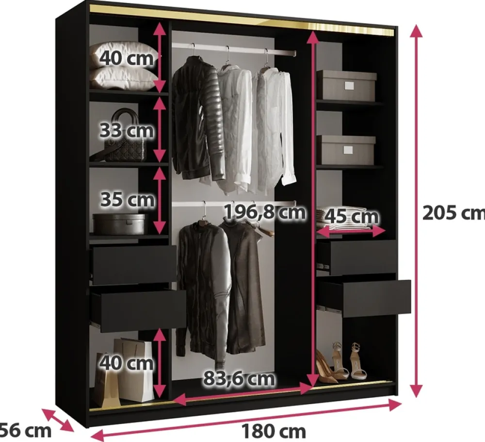 Szafy Przesuwne|Szafy Trzydrzwiowe>BROMARKT Czarna szafa do sypialni z szufladami 180 cm GOLD NEW czarny