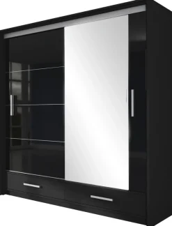 Szafy Dwudrzwiowe|Szafy Z Lustrem>Stolar Czarna szafa przesuwna 208 cm z lustrem i półkami MESTRE czarny