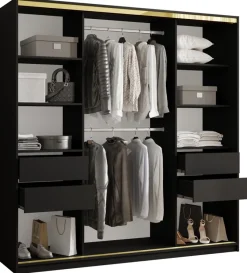Szafy Trzydrzwiowe|Szafy Przesuwne>BROMARKT Czarna szafa przesuwna 200 cm z półkami do sypialni GOLD NEW czarny