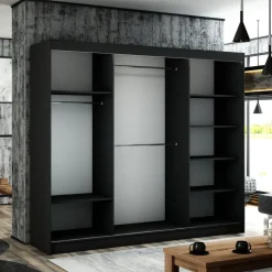 Zestawy Mebli Do Przedpokoju|Szafy Trzydrzwiowe>Arton Czarna szafa przesuwna 250 cm z drążkami i półkami BRANDON czarny