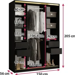 Szafy Trzydrzwiowe|Szafy Przesuwne></noscript>BROMARKT Czarna szafa przesuwna do przedpokoju 150 cm GOLD NEW czarny