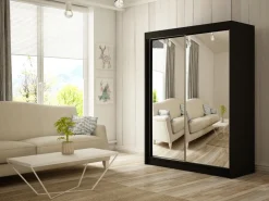 Szafy Przesuwne|Zestawy Mebli Do Przedpokoju></noscript>Arton Czarna szafa przesuwna z lustrem i półkami 150 cm HALTON czarny