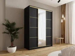 Zestawy Mebli Do Przedpokoju|Szafy Trzydrzwiowe></noscript>BROMARKT Czarna szafa przesuwna z lustrem 150 cm GOLD NEW czarny