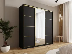 Zestawy Mebli Do Przedpokoju|Szafy Trzydrzwiowe></noscript>BROMARKT Czarna szafa przesuwna z lustrem 200 cm GOLD NEW czarny