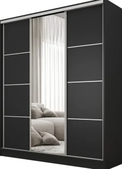 Zestawy Mebli Do Przedpokoju|Szafy Do Przedpokoju>BROMARKT Czarna szafa przesuwna z lustrem 160 cm BEST półki drążki czarny