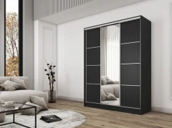 Zestawy Mebli Do Przedpokoju|Szafy Do Przedpokoju></noscript>BROMARKT Czarna szafa przesuwna z lustrem 160 cm BEST półki drążki czarny