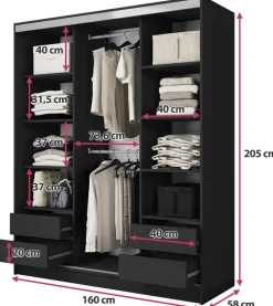 Zestawy Mebli Do Przedpokoju|Szafy Do Przedpokoju></noscript>BROMARKT Czarna szafa przesuwna z lustrem 160 cm BEST półki drążki czarny