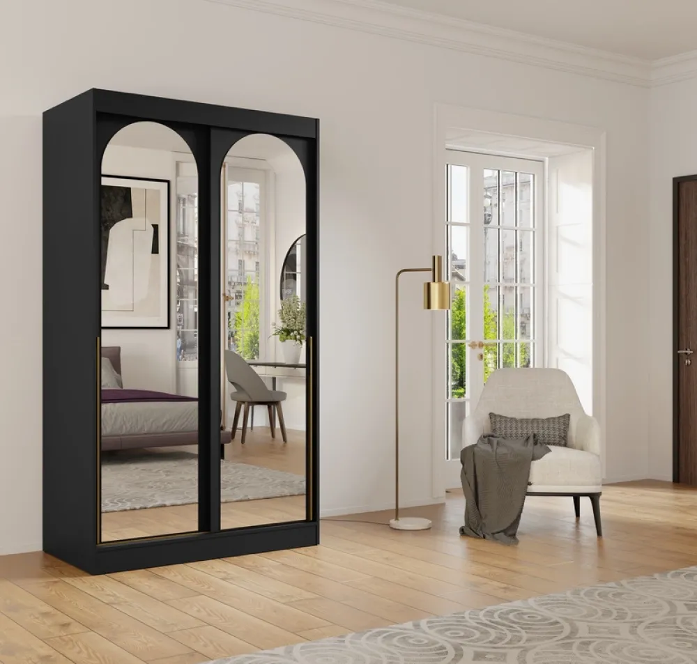 Szafy Dwudrzwiowe|Szafy Do Przedpokoju>JUREK Czarna szafa przesuwna z lustrami 120 cm drzwi przesuwne złote uchwyty MORIN czarny