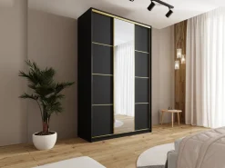 Szafy Trzydrzwiowe|Szafy Do Przedpokoju></noscript>BROMARKT Czarna szafa przesuwna z lustrem 150 cm GOLD NEW MAX czarny