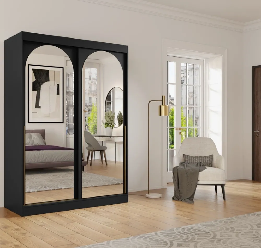 Szafy Dwudrzwiowe|Szafy Młodzieżowe>JUREK Czarna szafa przesuwna z dwoma lustrami 150 cm drzwi przesuwne złote uchwyty MORIN czarny
