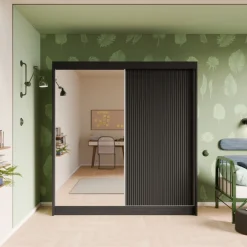 Zestawy Mebli Do Przedpokoju|Szafy Dwudrzwiowe></noscript>Arton Czarna szafa przesuwna z lustrem do sypialni 200 cm ROYAL czarny