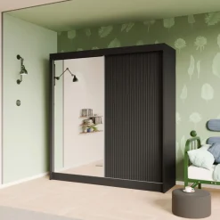 Zestawy Mebli Do Przedpokoju|Szafy Dwudrzwiowe></noscript>Arton Czarna szafa przesuwna z lustrem do sypialni 200 cm ROYAL czarny