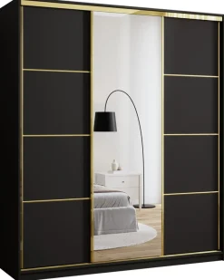 Zestawy Mebli Do Przedpokoju|Szafy Trzydrzwiowe>BROMARKT Czarna szafa z lustrem do przedpokoju 180 cm GOLD NEW czarny