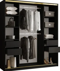 Zestawy Mebli Do Przedpokoju|Szafy Trzydrzwiowe>BROMARKT Czarna szafa z lustrem do przedpokoju 180 cm GOLD NEW czarny