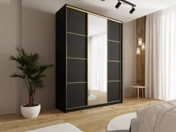Szafy Trzydrzwiowe|Szafy Do Przedpokoju></noscript>BROMARKT Czarna szafa z lustrem i szufladami 180 cm GOLD NEW MAX czarny
