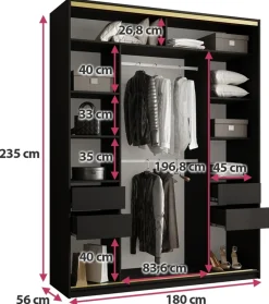 Szafy Trzydrzwiowe|Szafy Do Przedpokoju></noscript>BROMARKT Czarna szafa z lustrem i szufladami 180 cm GOLD NEW MAX czarny