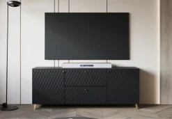 Szafki Rtv></noscript>BRATEX Czarna szafka RTV do salonu 180 cm na nóżkach TRESO z szufladami