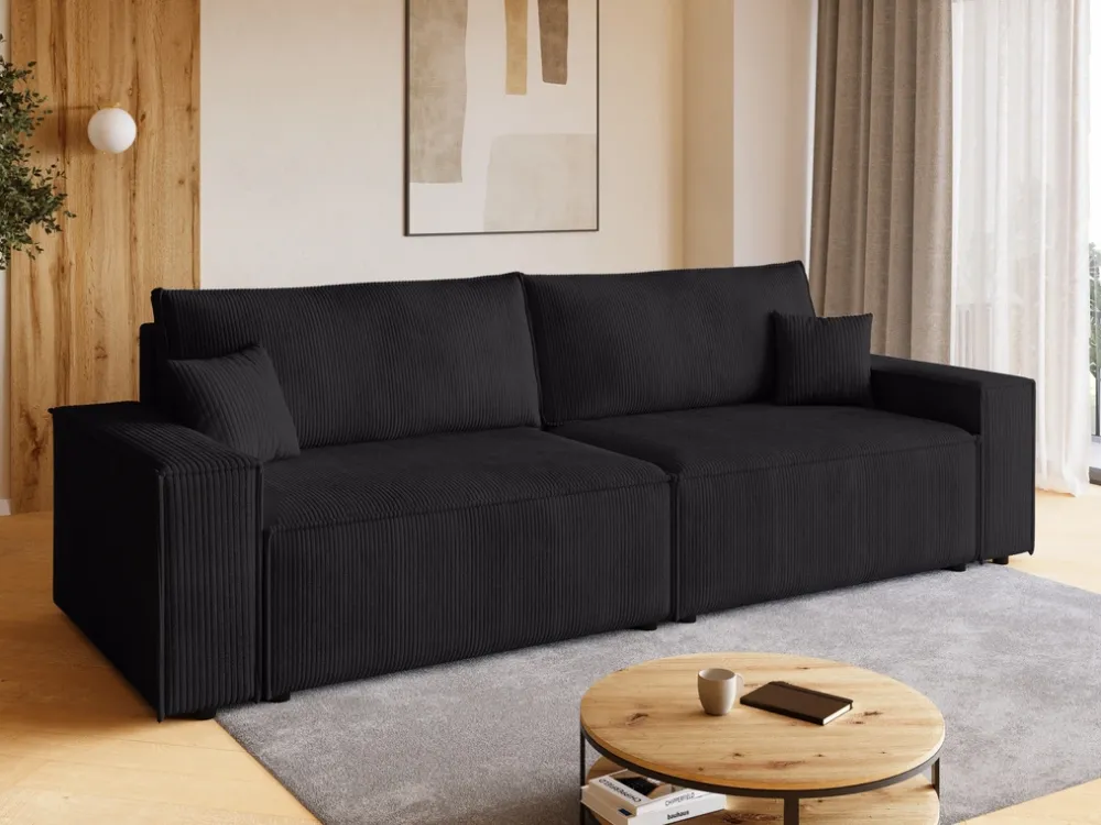 Kanapy I Sofy>BROMARKT Czarna sztruksowa kanapa z funkcją spania i pojemnikiem na pościel ADI