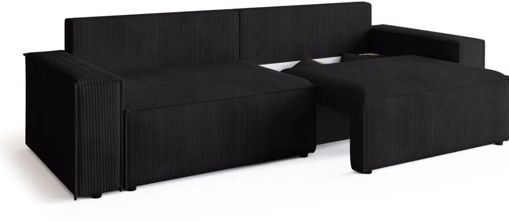 Kanapy I Sofy>BROMARKT Czarna sztruksowa kanapa z funkcją spania i pojemnikiem na pościel ADI