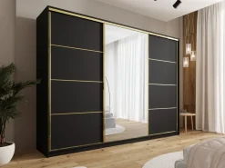 Zestawy Mebli Do Przedpokoju|Szafy Trzydrzwiowe></noscript>BROMARKT Czarna trzydrzwiowa szafa przesuwna 280 cm do sypialni GOLD NEW czarny