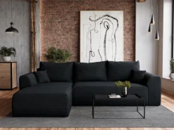 Narożniki></noscript>BROMARKT Czarny narożnik do salonu z funkcją spania ROMEO sztruks