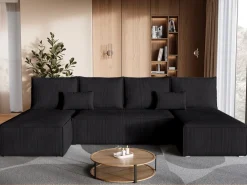 Narożniki></noscript>BROMARKT Czarny sztruksowy narożnik z funkcją spania TOP U SLIM