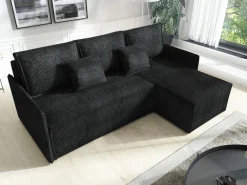 Narożniki></noscript>IZABELLA MEBLE Czarny sztruksowy narożnik z funkcją spania do salonu ATLANTIC